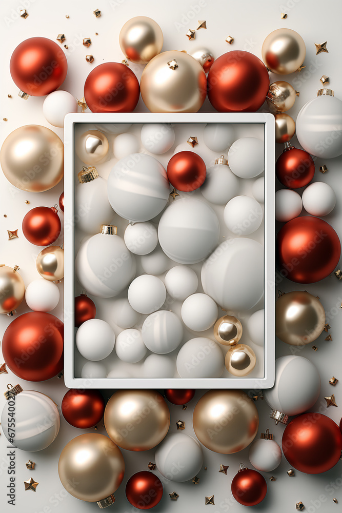 3d render of christmas background with white and red baubles.