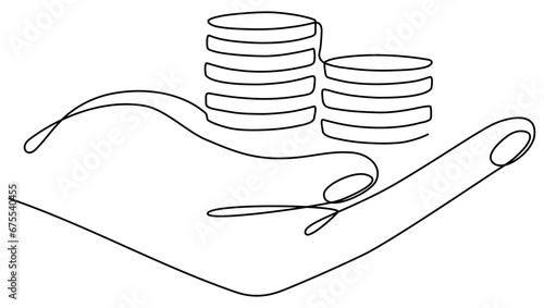 Hand holding coins stack continuous one line drawing. Business concept. Vector illustration isolated on white.