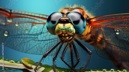  a close up of a dragonfly on a leaf with drops of water on it's wings and eyes. generative ai