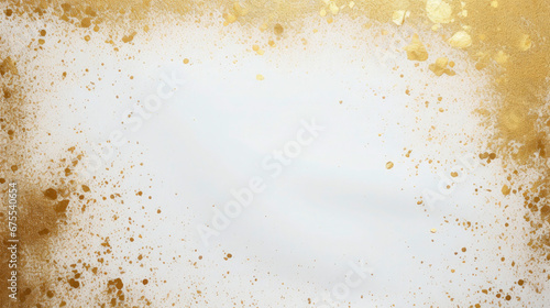 Closeup of white wall with golden frame and glitter on isolated white background with space for text or design