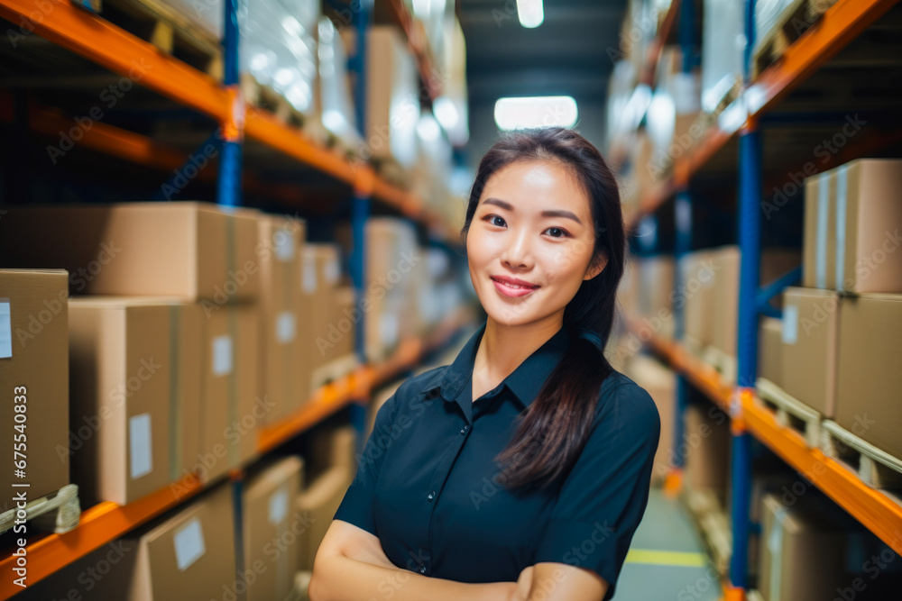 Asian female warehouse employee managing inventory hold of material stored in cardboard boxes Asian female warehouse employee managing inventory hold of material stored in cardboard boxes