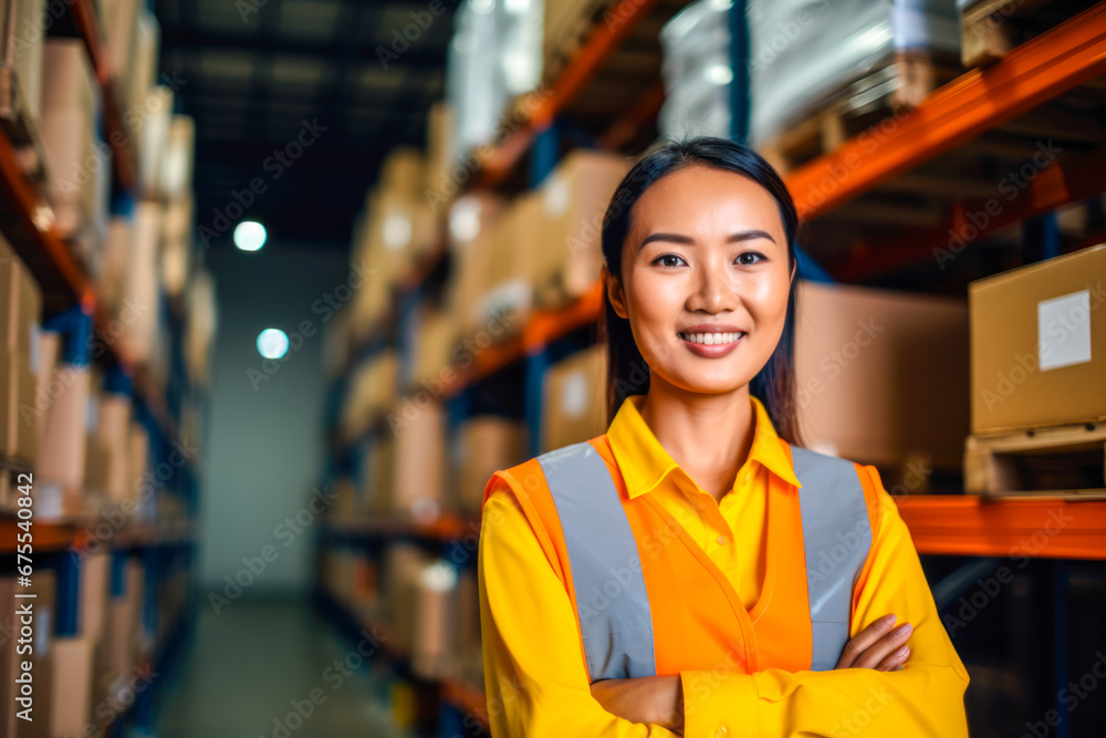 Asian female warehouse employee managing inventory hold of material stored in cardboard boxes Asian female warehouse employee managing inventory hold of material stored in cardboard boxes