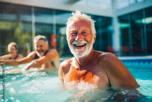 Active senior men enjoying in a pool. Aqua fit class, water aerobics