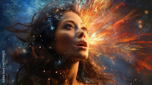  a woman with her eyes closed and her hair blowing in the wind and stars in the sky above her head. generative ai