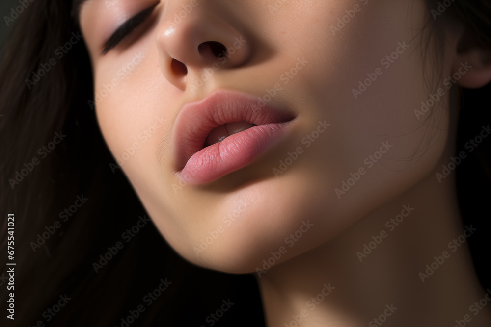 Obraz premium Close up of beautiful lips of a young brunette woman. Skin and plump lips with natural makeup. Lips permanent makeup. Part of face. Cosmetics, lipstick advertisement concept