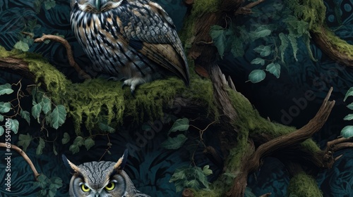  a painting of an owl and a cat sitting on a tree branch with moss growing on it s sides.  generative ai