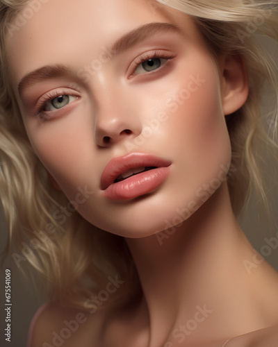 Close up portrait of an attractive young natural blond woman with natural makeup look. Focus on lips and eyebrows. Cosmetics, skincare, beauty products concept