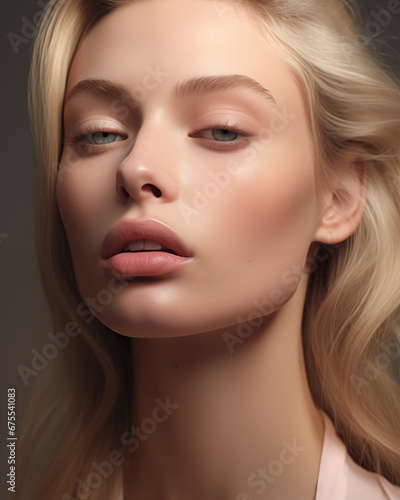 Close up portrait of an attractive young blond woman with natural makeup look. Vertical photo of a beautiful blonde girl. Cosmetics, skincare, beauty products concept
