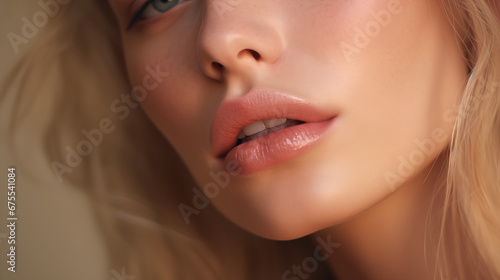 Close up of beautiful lips of a young blond woman. Skin and plump lips with natural makeup. Part of face. Cosmetics, skincare, beauty products concept