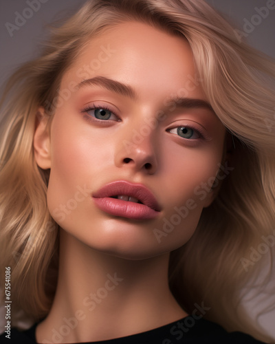 Close up portrait of an attractive young natural blond woman. Focus on lips and eyebrows. Cosmetics, skincare, beauty products concept