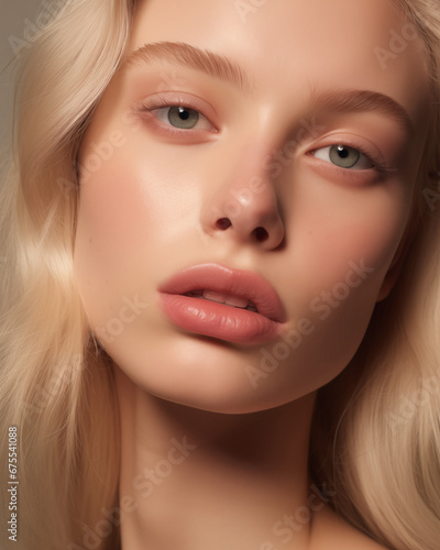 Close up portrait of an attractive young natural blond woman with fresh natural makeup look. Focus on lips and eyebrows. Cosmetics, skincare, beauty products concept