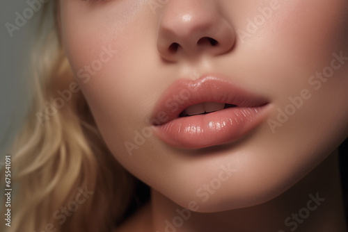 Close up of beautiful lips of a young blond woman. Skin and plump lips fresh with natural makeup. Part of face. Cosmetics, lipstick advertisement concept. Permanent makeup of lips