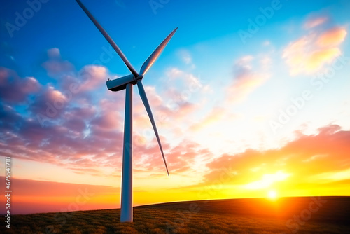 Bottom up view of a wind turbine against a beautiful sunset
