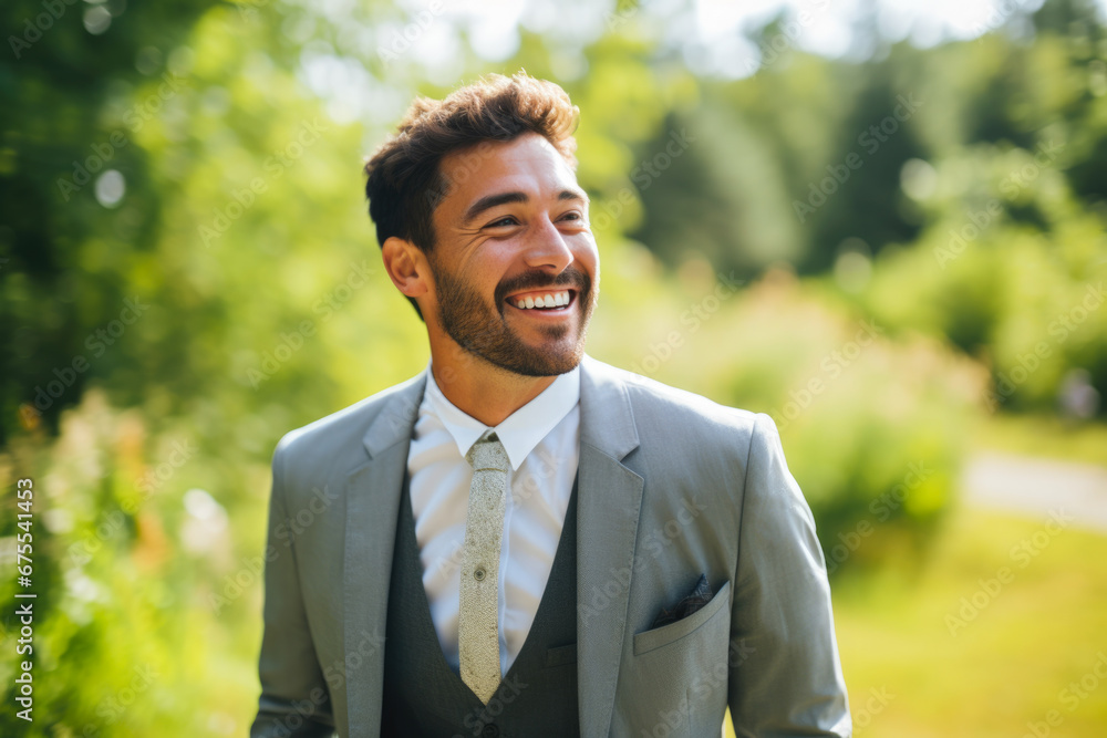 Joyful groom at an outdoor summer wedding feeling lucky to get married Joyful groom at an outdoor summer wedding feeling lucky to get married