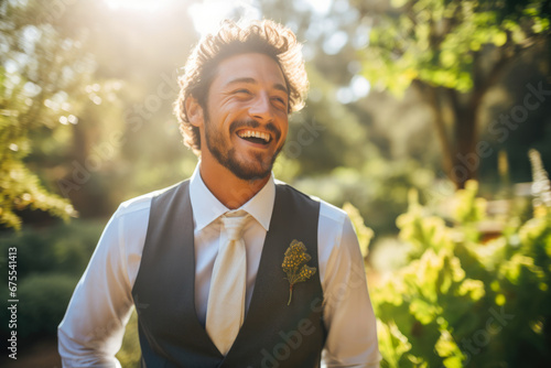 Joyful male groom at an outdoor summer wedding feeling lucky to get married