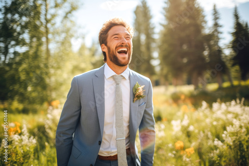Joyful groom at an outdoor summer wedding feeling lucky to get married