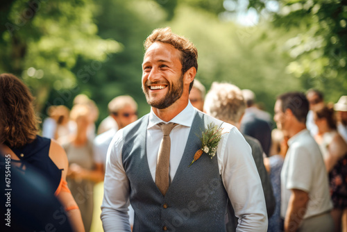 Joyful groom at an outdoor summer wedding feeling lucky to get married
