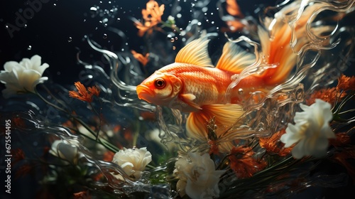  a close up of a fish in a body of water with flowers in the foreground and water bubbles in the background. generative ai