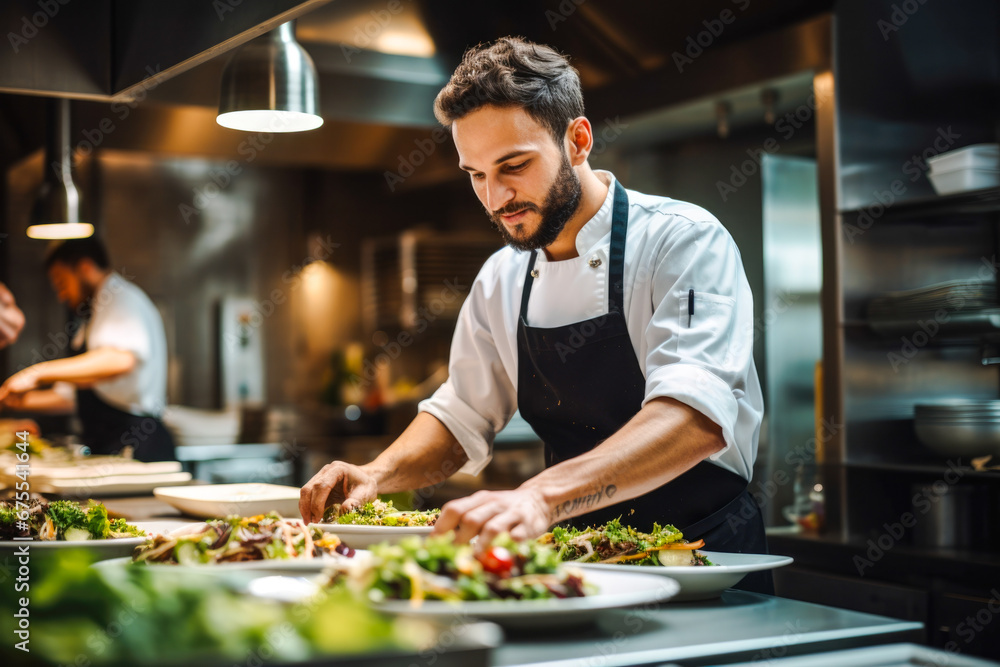 Young male chef preparing healthy food in a fine restaurant following his passion for creating new dishes Young male chef preparing healthy food in a fine restaurant following his passion for creating new dishes