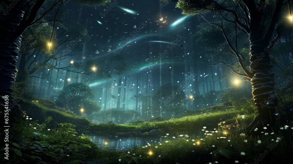 A swarm of fireflies creating a magical, glowing spectacle in a moonlit meadow.
