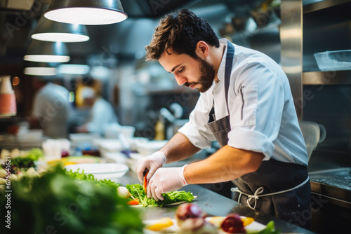 Fototapeta Naklejka Na Ścianę i Meble -  Young male chef preparing healthy food in a fine restaurant following his passion for creating new dishes