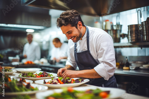 Young male chef preparing healthy food in a fine restaurant following his passion for creating new dishes