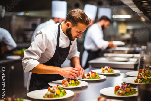 Young male chef preparing healthy food in a fine restaurant following his passion for creating new dishes © MVProductions