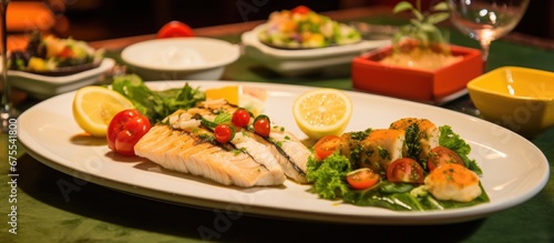 In a vibrant restaurant setting a beautifully set table with a green tablecloth showcased a variety of healthy food options The background showcased an appetizing array of fish and meat dish