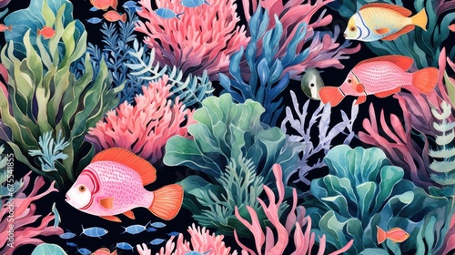  a painting of a coral reef with fish and seaweed on a black background with corals and algaes.  generative ai