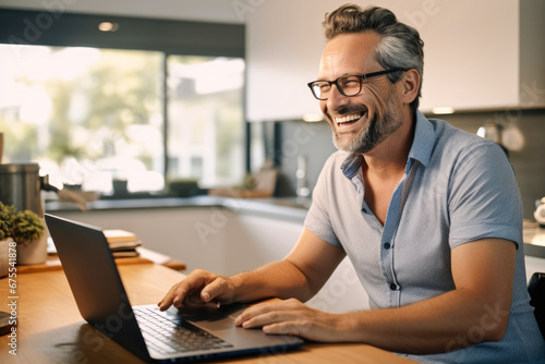 Portrait of a laughing middle-aged man working from home on his laptop having a conference meeting with a client