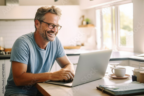 Portrait of a laughing middle-aged man working from home on his laptop having a conference meeting with a client