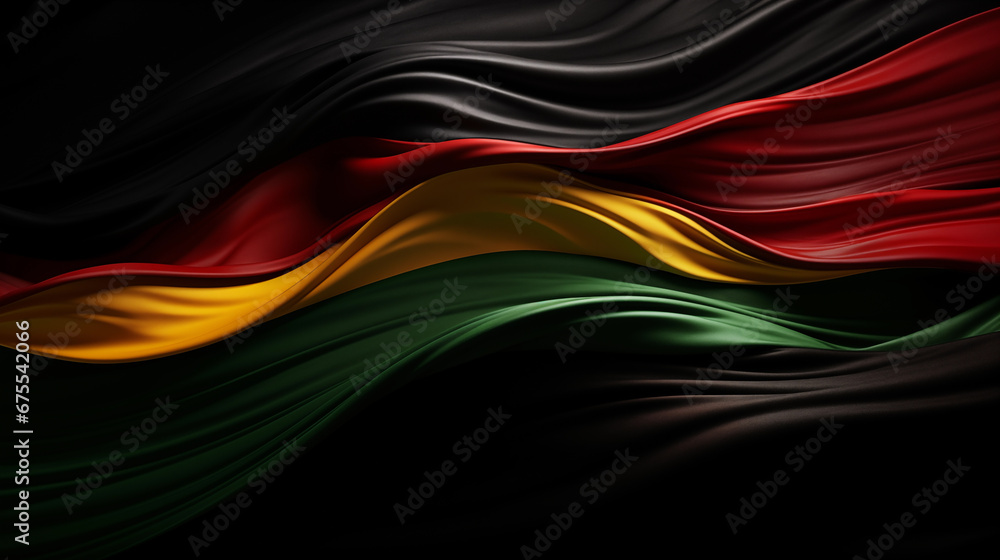 Fototapeta premium Black History Month. African American History in United States. Red Yellow Green waving flag. Freedom holiday. Celebrated annual in February. Poster, design wallpaper, art illustration. Generated AI