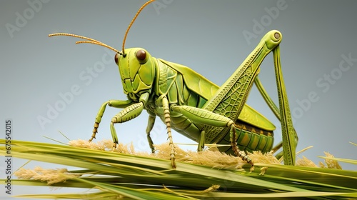  a close up of a grasshopper on top of a plant with a blue sky in the backround.  generative ai © Anna