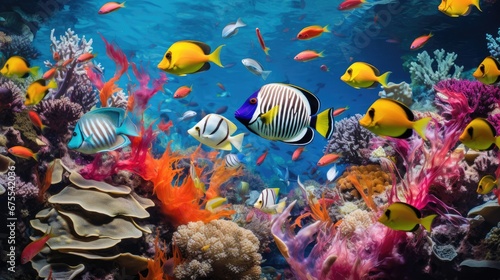  a large group of colorful fish swimming over a coral reef in a large blue ocean with corals and sponges.  generative ai