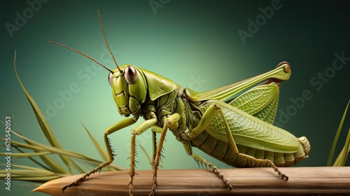  a close up of a grasshopper on a piece of wood with grass in the foreground and a green background.  generative ai © Anna