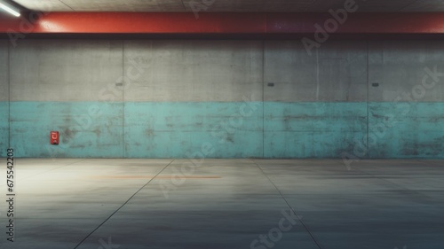 empty parking garage background with dappled light streaking across the floor and walls, muted cyan and red tones, cyc, empty, fog, smoke, abstract