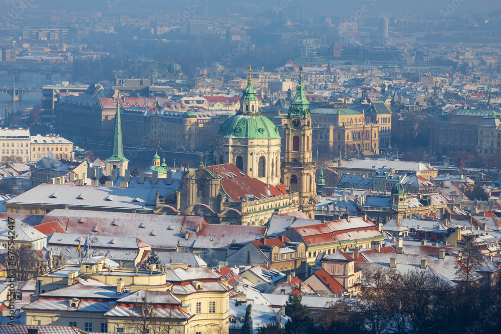 Snowy Prague City from Hill Petrin, Czech republic