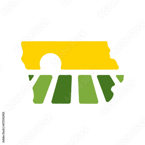 Farm logo mark template for Iowa or icon of rural landscape with sun and field. Emblems for natural agriculture, organic food industry or harvesting campaign