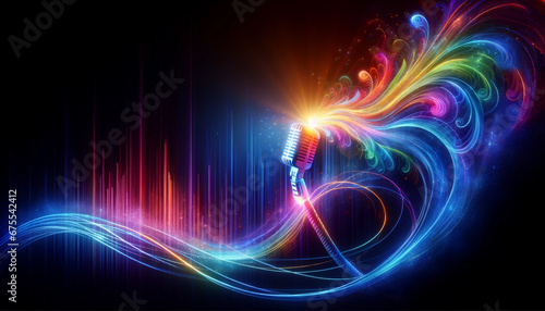 Abstract art of microphone with glowing rainbow lines and sound waves.
