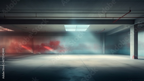 empty parking garage background with dappled light streaking across the floor and walls, muted cyan and red tones, cyc, empty, fog, smoke, abstract photo
