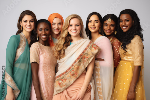 A diverse group of women in traditional attire, highlighting cultural diversity and heritage, creativity with copy space