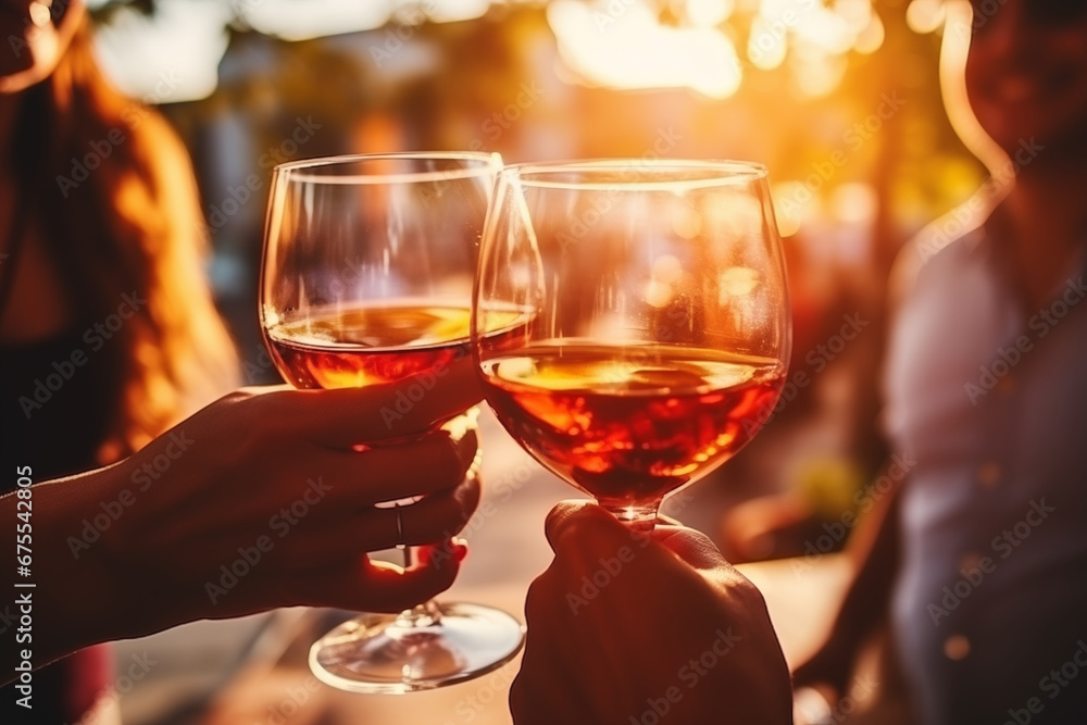 A close-up of friends clinking glasses in a toast, celebrating moments of joy, creativity with copy space A close-up of friends clinking glasses in a toast, celebrating moments of joy, creativity with copy space