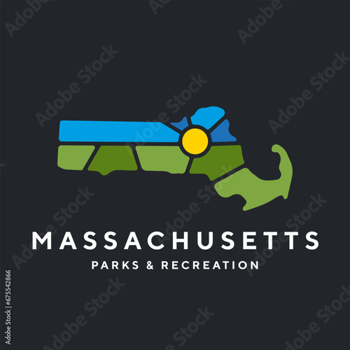 Creative nature logo for Massachusetts, USA. Badge for parks and recreation. Sun vintage logo vector concept, icon, element, and template for company photo