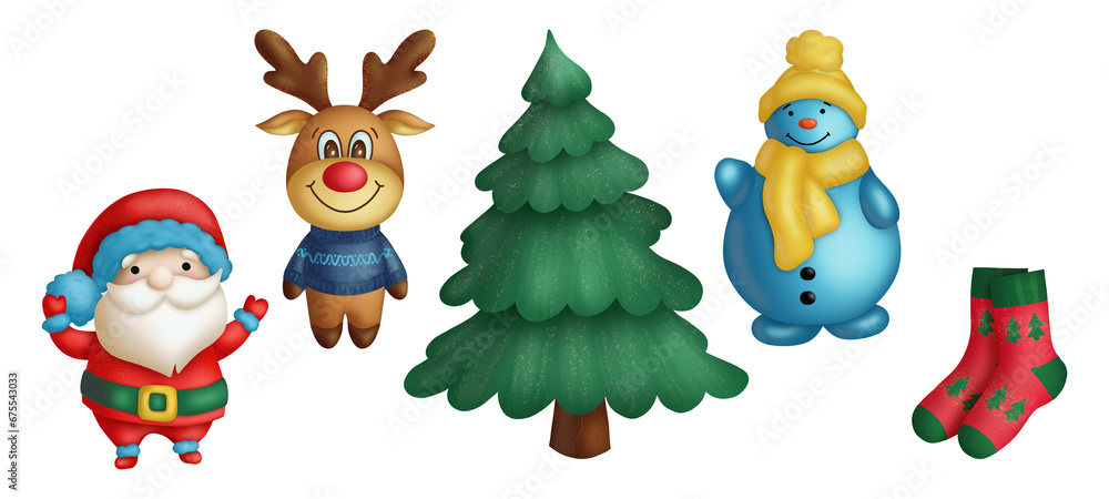 Set christmas elements. Deer, Christmas tree, snowman on a white background.