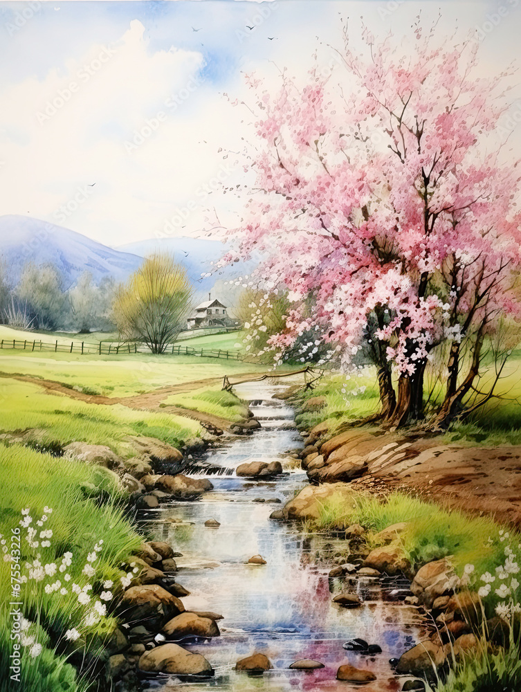Spring watercolor landscape with cherry blossoms, river and mountains. Stock illustration. Spring watercolor landscape with cherry blossoms, river and mountains. Stock illustration.
