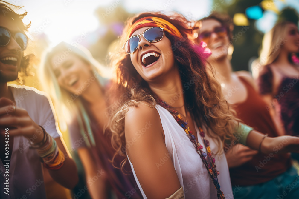 Friends attending a music festival, dancing and enjoying live performances, portraying music and celebration, creativity with copy space Friends attending a music festival, dancing and enjoying live performances, portraying music and celebration, creativity with copy space
