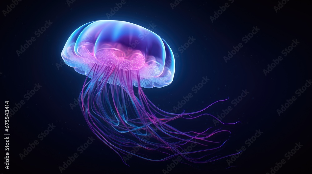  a blue and pink jellyfish floating in a dark blue sea with light coming from the top of its head.  generative ai