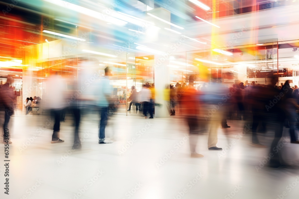 blurred image of people walking in a busy shopping mall