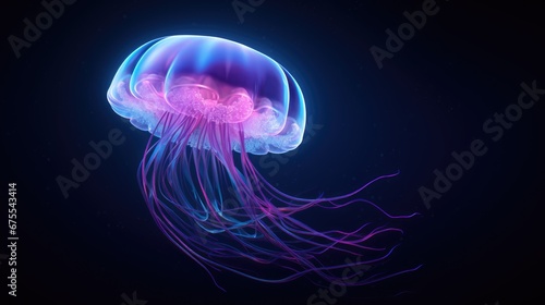  a blue and pink jellyfish floating in a dark blue sea with light coming from the top of its head.  generative ai © Olga