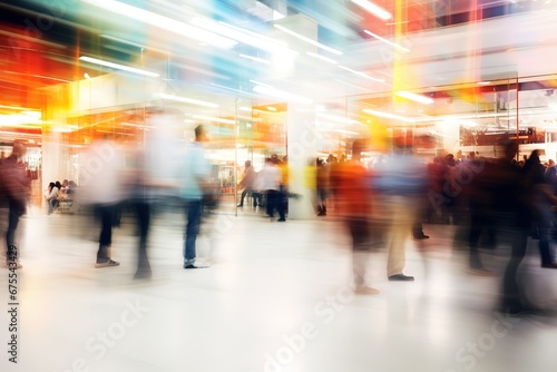 blurred image of people walking in a busy shopping mall